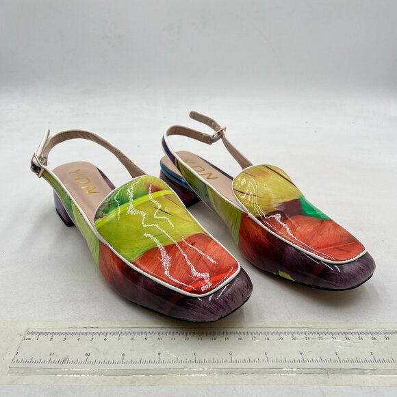 YDN Colorful-feather Square Toe Block Low Heels Slingback Formal Loafer Pump - Picture 4 of 8